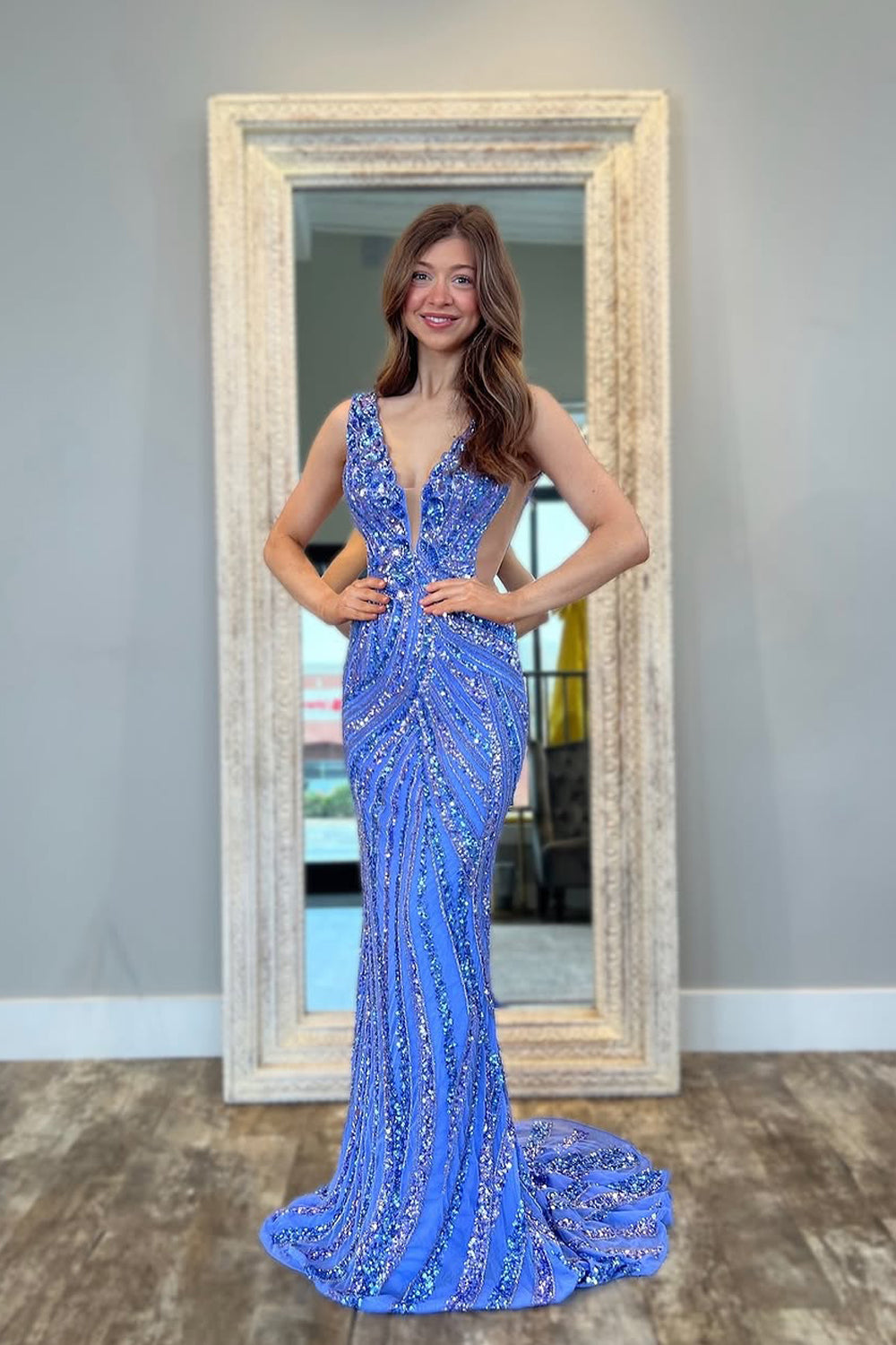 Mermaid Deep V Neck Blue Sequins Long Prom Dress Gown LF1372