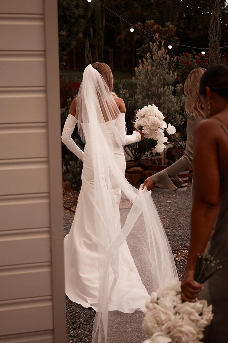 Graceful Mermaid Strapless Elastic Satin Long Wedding Dresses Gown with Sleeves HS692