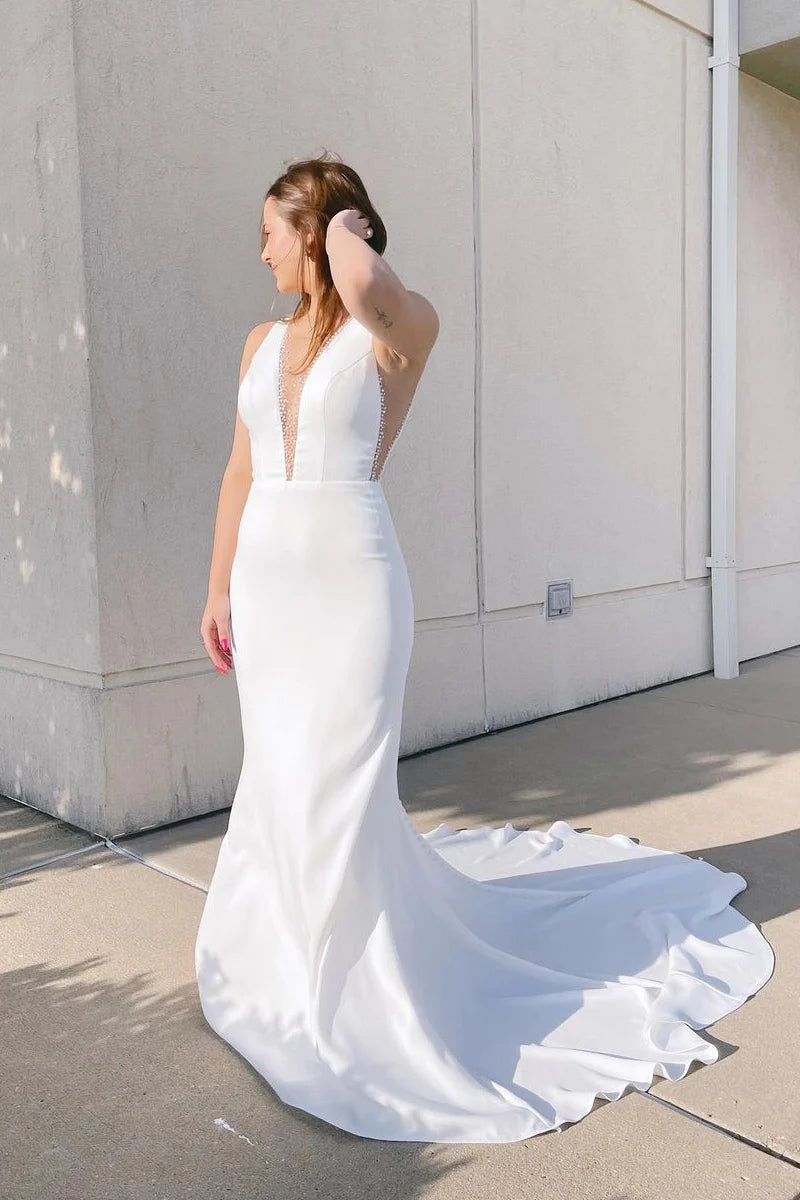 Chic Mermaid V Neck Satin Wedding Dresses Gown with Beading HS845
