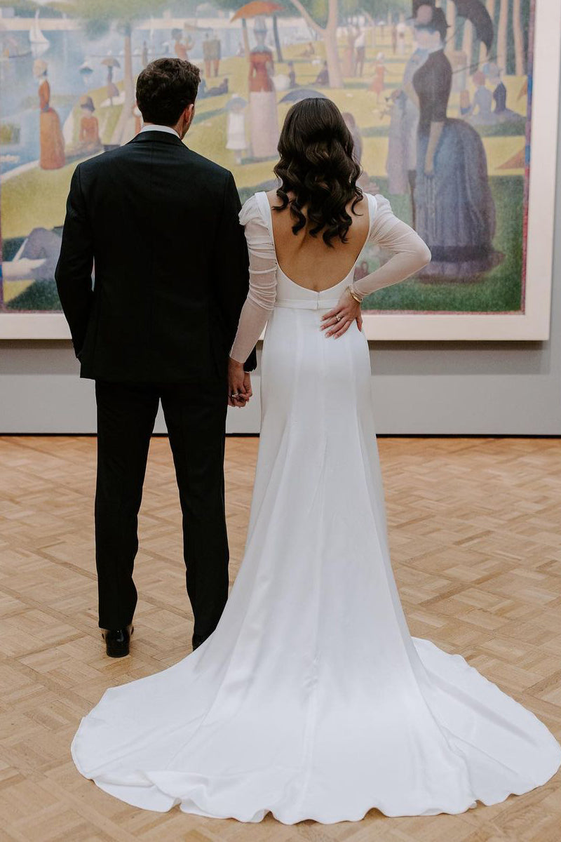 Glamorous Mermaid Square Neck Long Sleeves White Satin Wedding Dresses Gown HS683