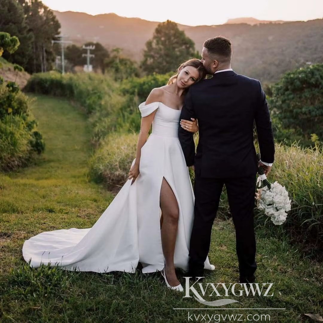Modern Off-Shoulder Satin A-Line Wedding Dress with High Slit for a Chic Bridal Gown HS464