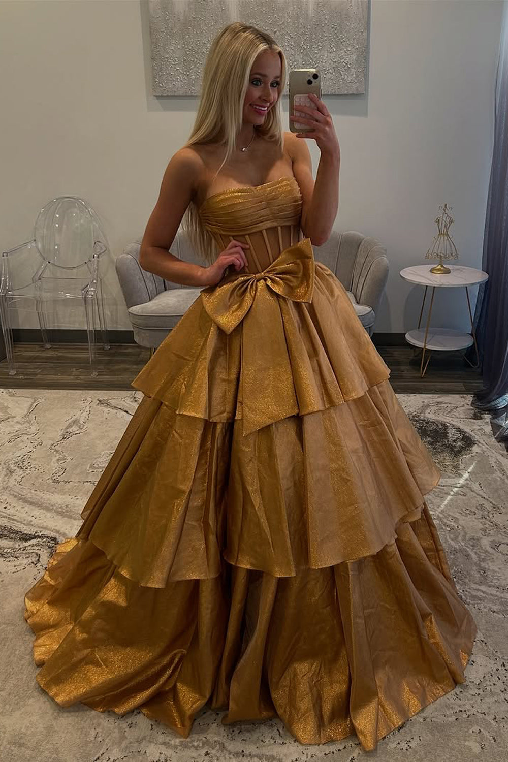 Ball Gown Strapless Light Blue Organza Tiered Long Prom Dress Gown with Bow LF1244