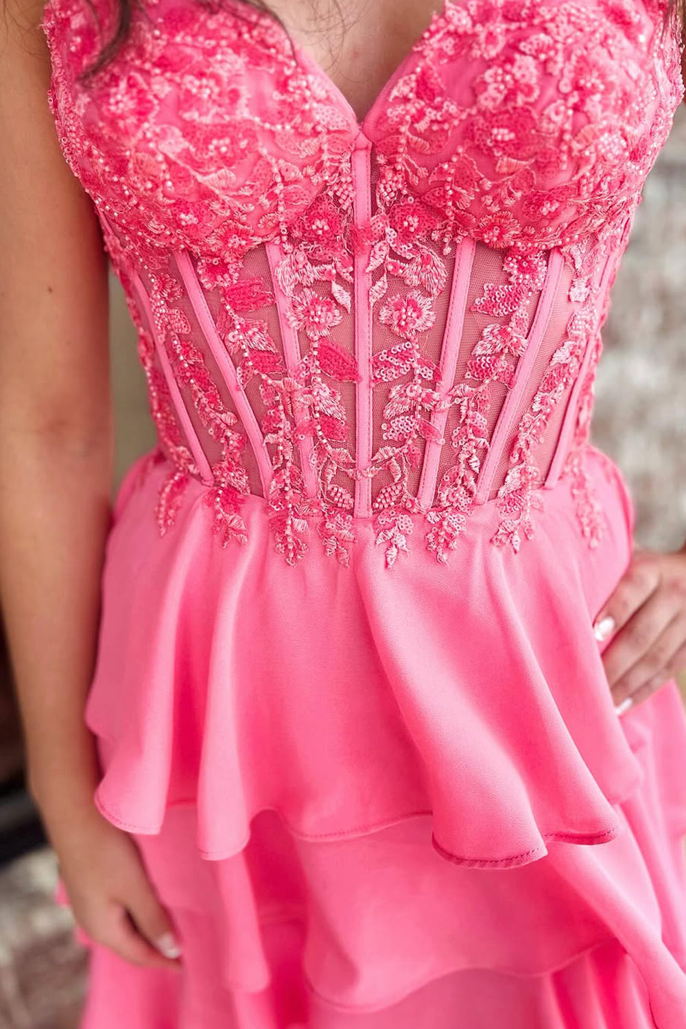 Stunging A-Line Sweetheart Pink Ruffle Tiered Long Prom Dress Gown with Slit LF1378