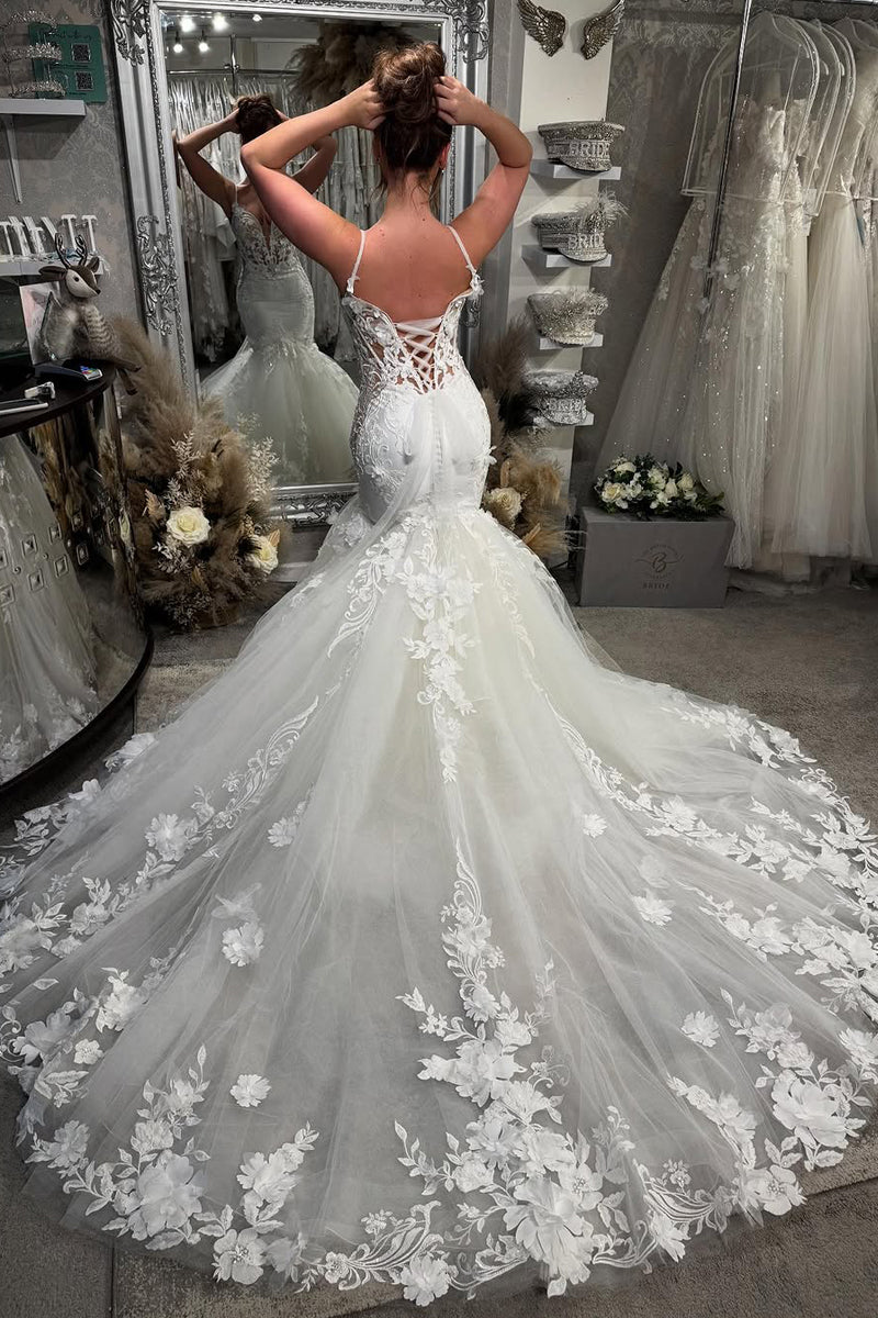 Dazzling Mermaid V Neck Tulle Long Wedding Dresses Gown with Appliques HS810