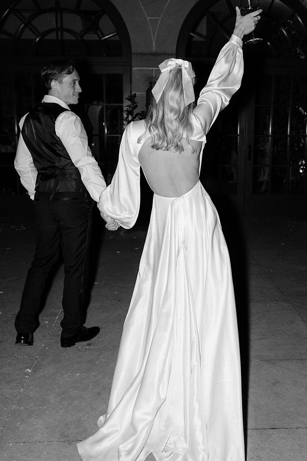 Dazzling A Line V Neck White Satin Wedding Dresses Gown with Ruffled Sleeves HS889