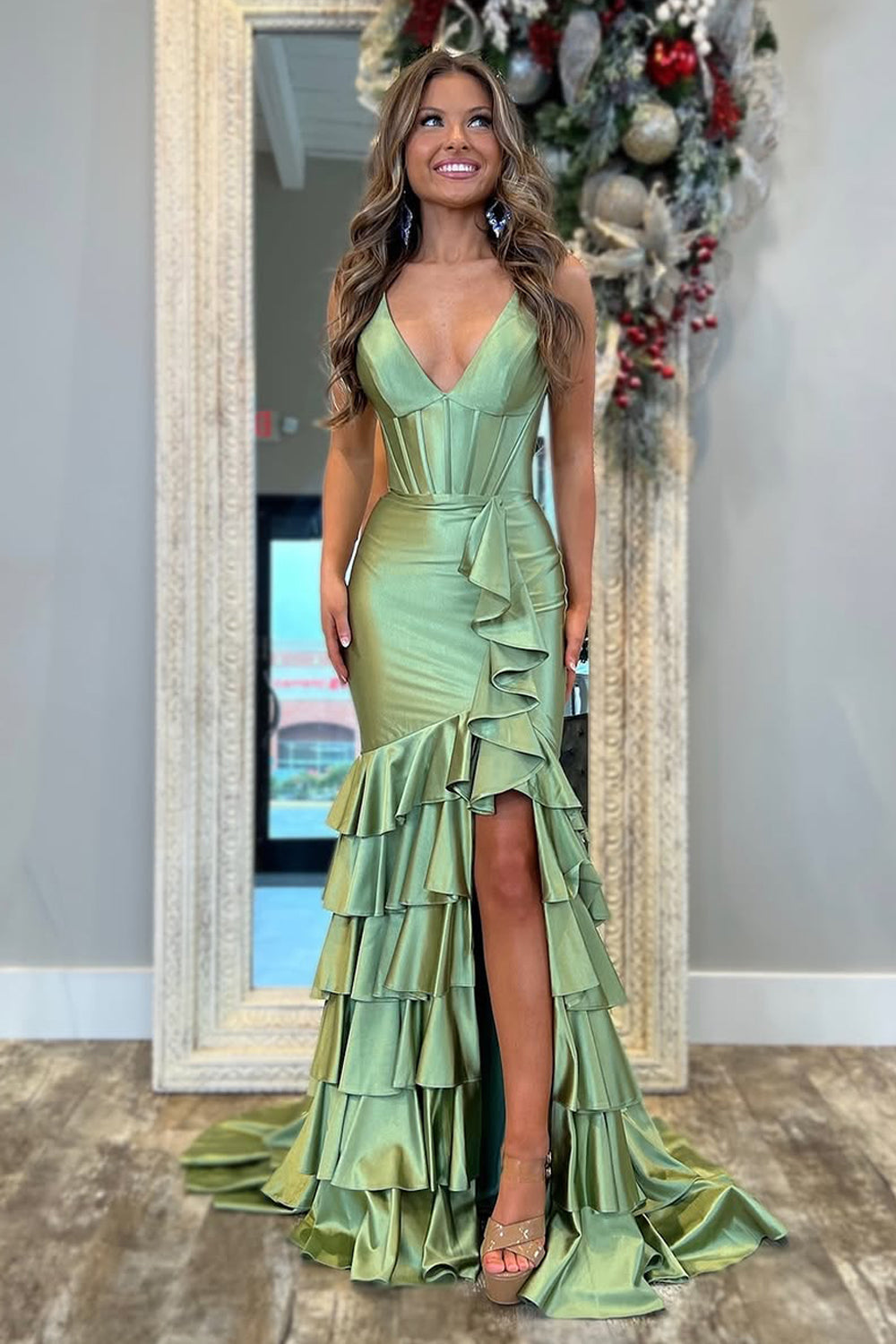 Sweet Mermaid V Neck Sage Satin Tiered Prom Dress Gown with Slit LF1235