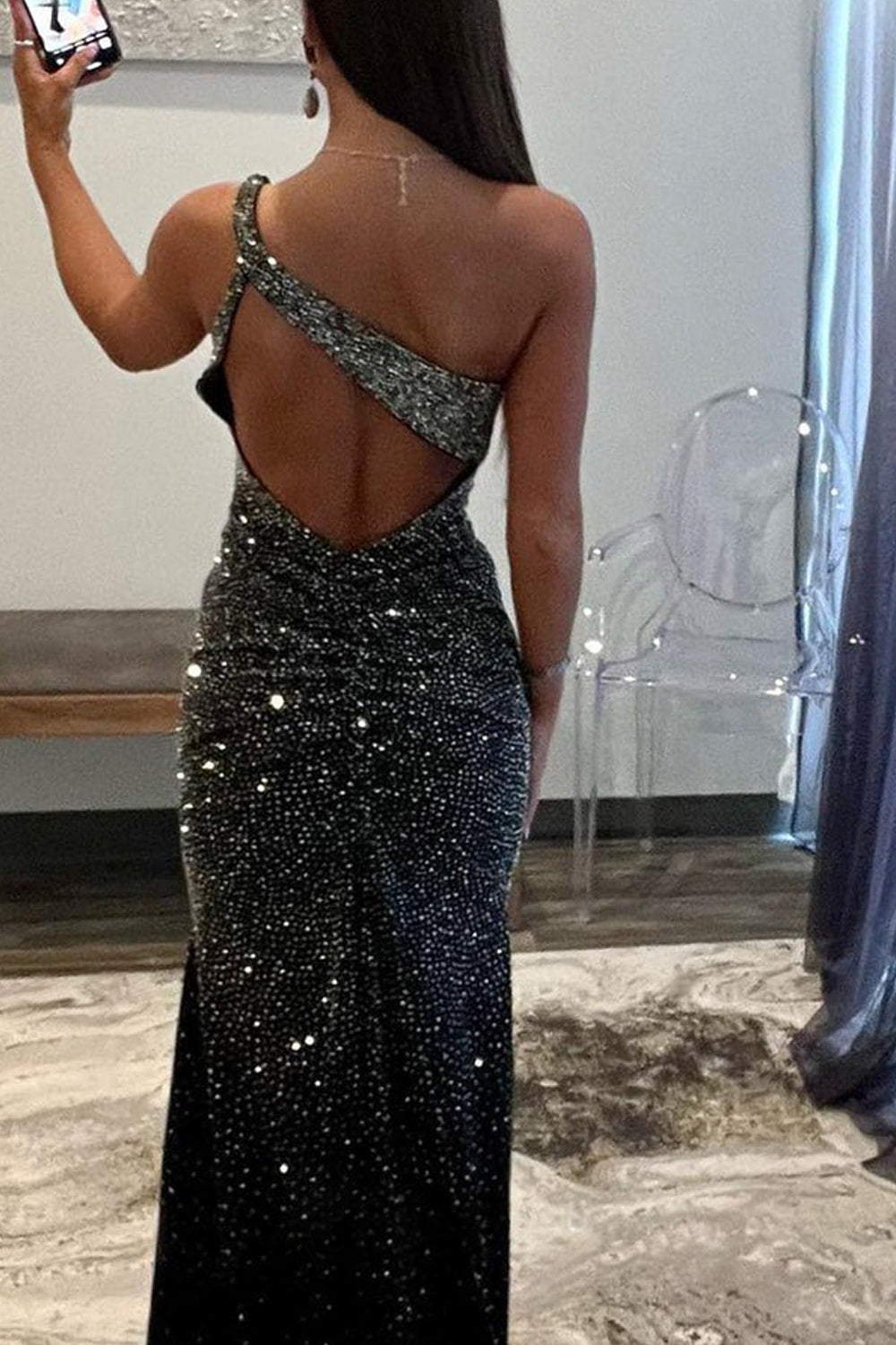 Dazzling Mermaid One Shoulder Black Beaded Satin Prom Dress Gown with Split LF1115