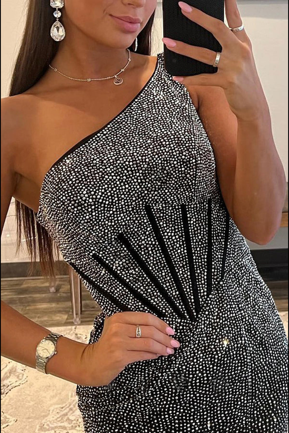 Dazzling Mermaid One Shoulder Black Beaded Satin Prom Dress Gown with Split LF1115