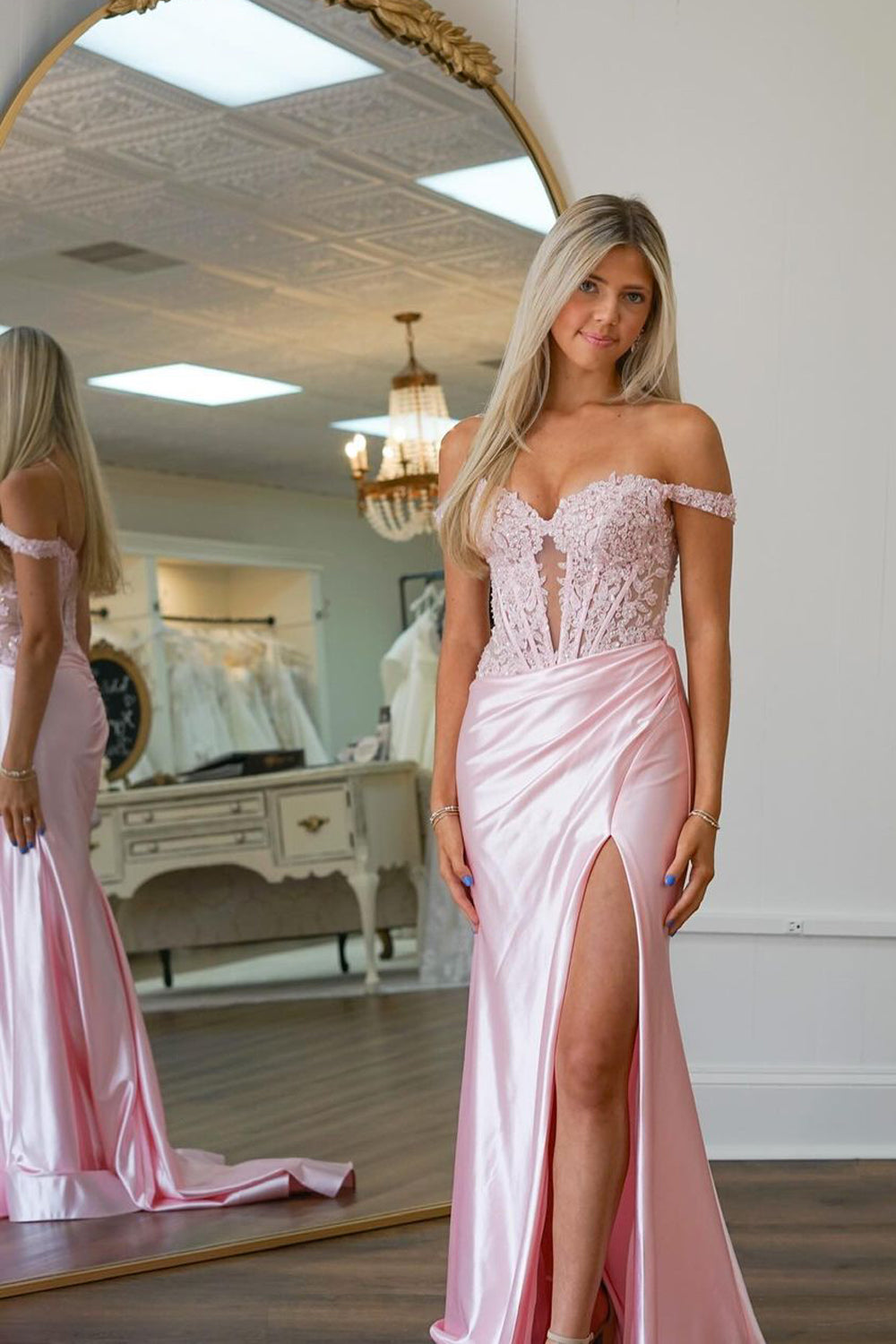 Charming Mermaid Sweetheart Evening Gown Pink Satin Long Prom Dress With Split LF606