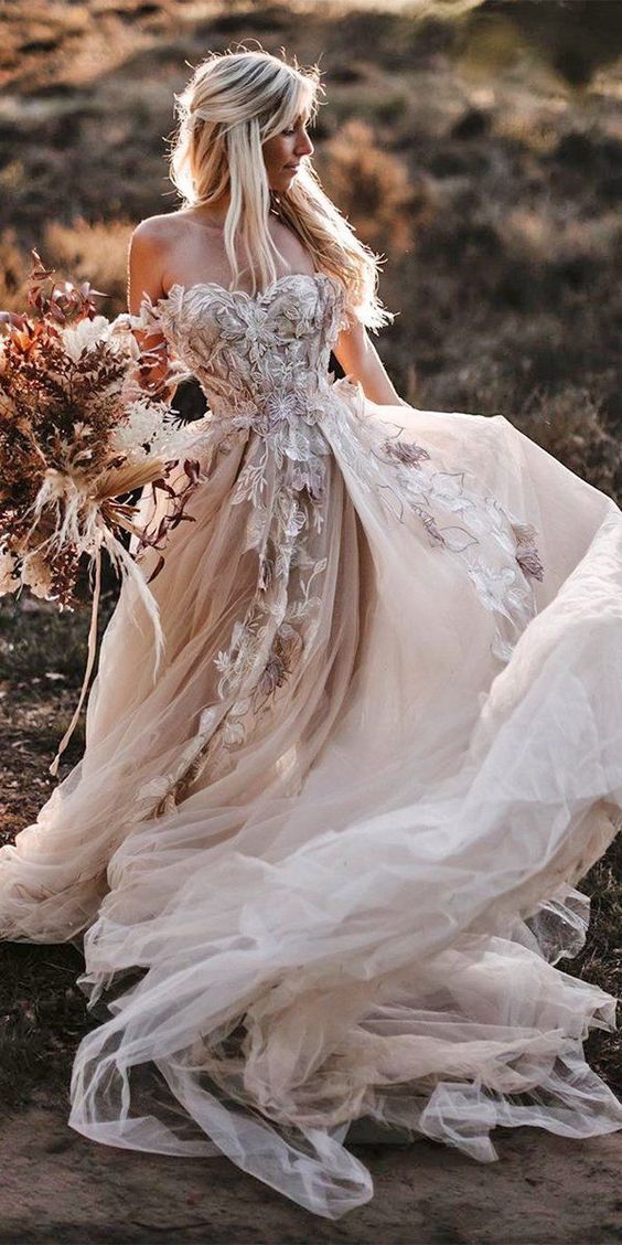 Pastoral Style A Line Off the Shoulder Blush Pink Tulle Wedding Dresses Gown Spring Bridal Dress HS985