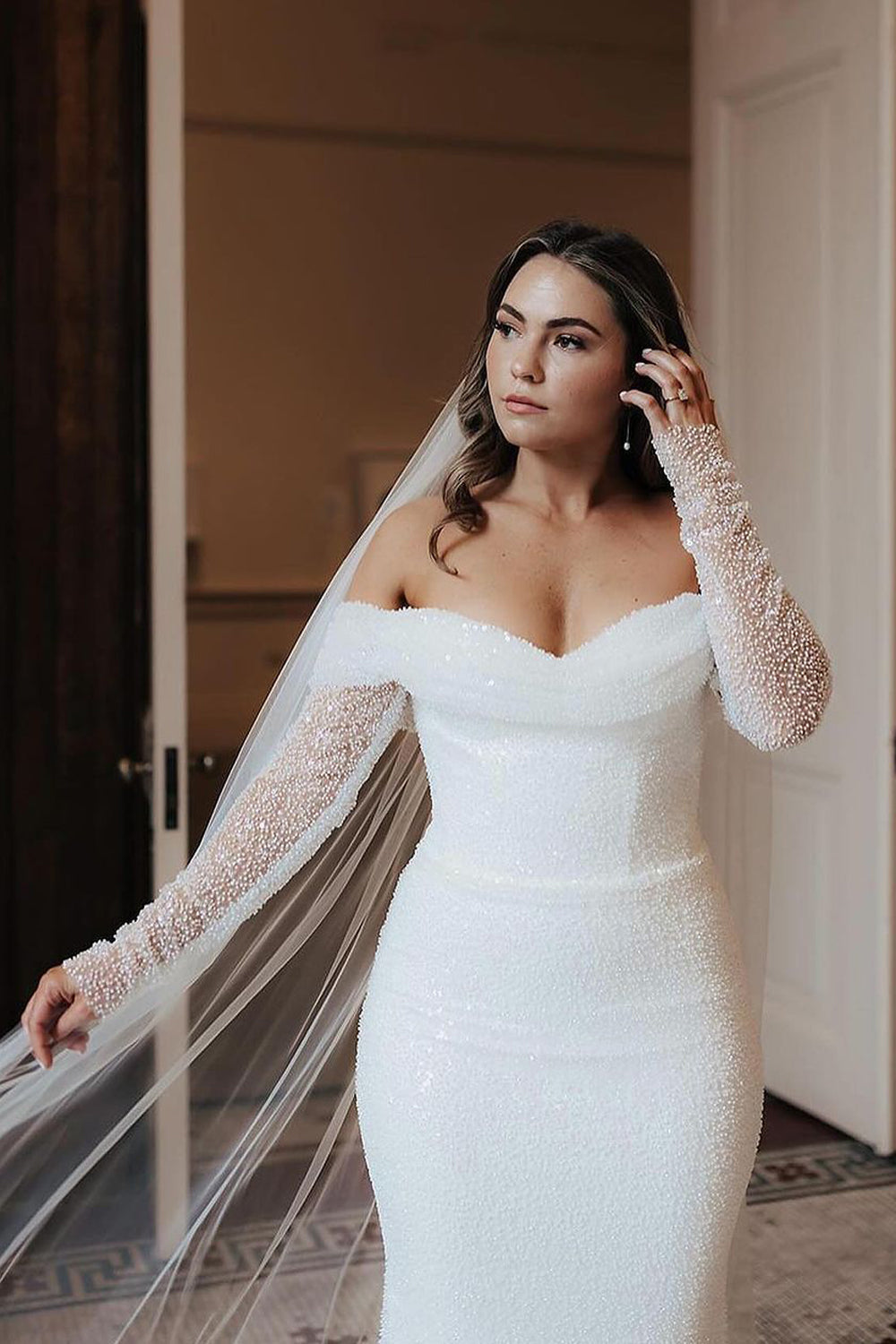 Dazzling Mermaid Off the Shoulder Sequins Lace Long Wedding Dresses Gown HS849