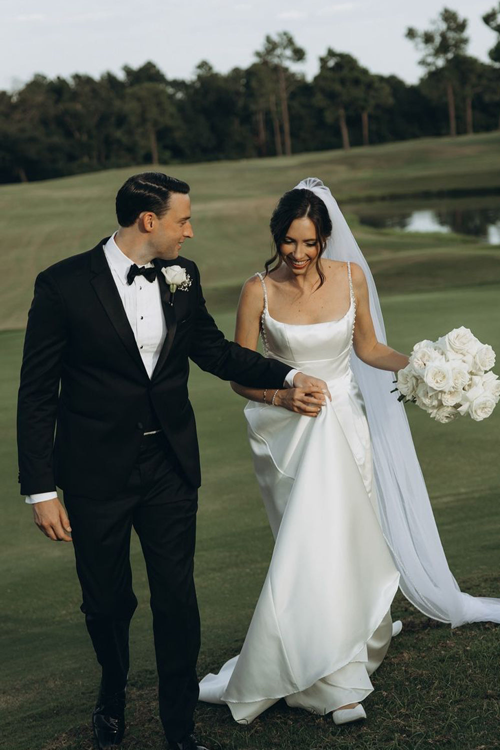 Modern A Line Square Neck Satin Satin Long Wedding Dresses Gown with Beading HS980