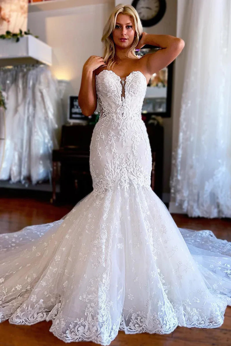 Gorgeous Mermaid Sweetheart Lace Wedding Dresses/Gowns with Sleeves HS2410214