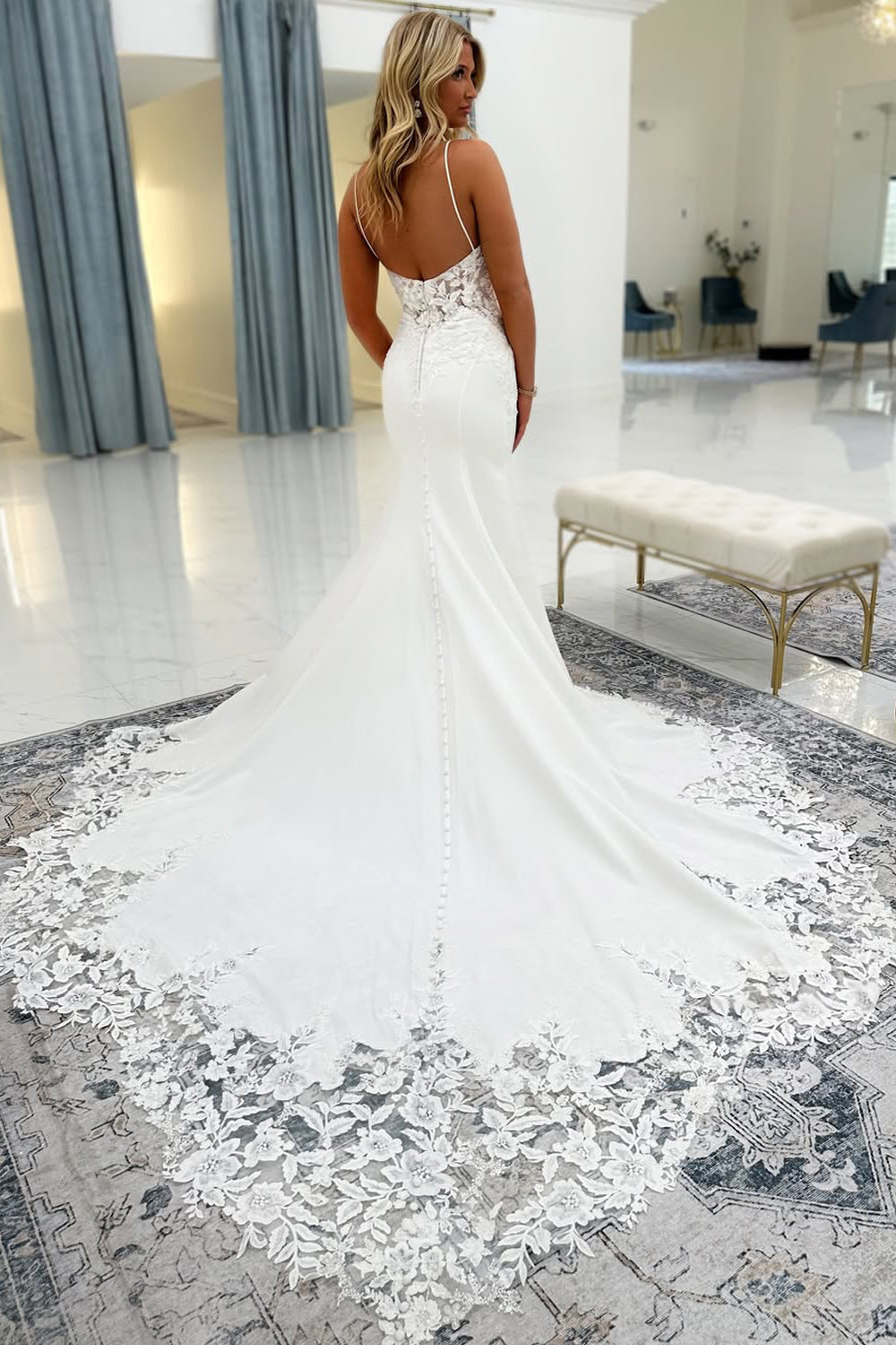 Scoop Neck Mermaid Elastic Satin Long Wedding Dresses Gown with Appliques HS812