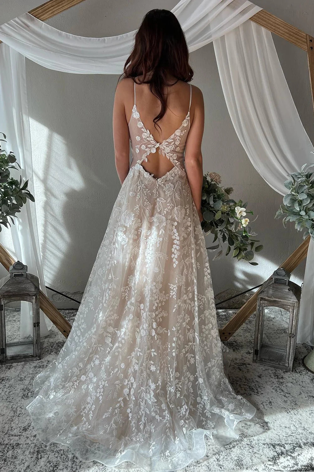 Exquisite A-Line V Neck Lace Boho Wedding Dresses Gown HS949