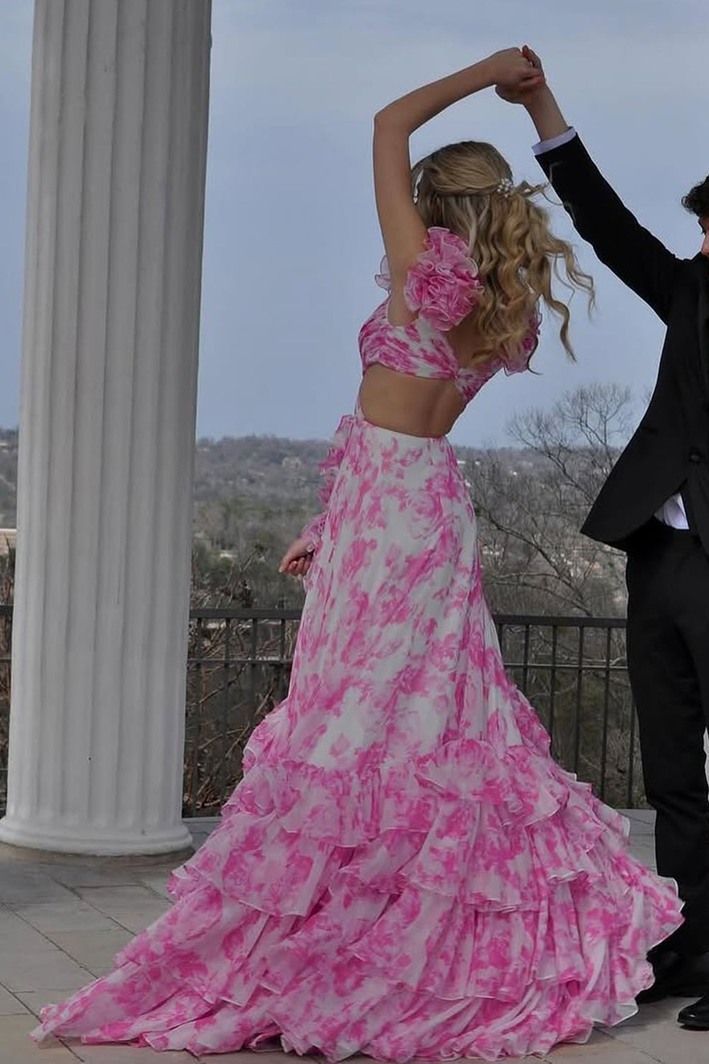 A-Line V Neck Pink Floral Printed Chiffon Ruffle Tiered Long Prom Dress Gown LF1315