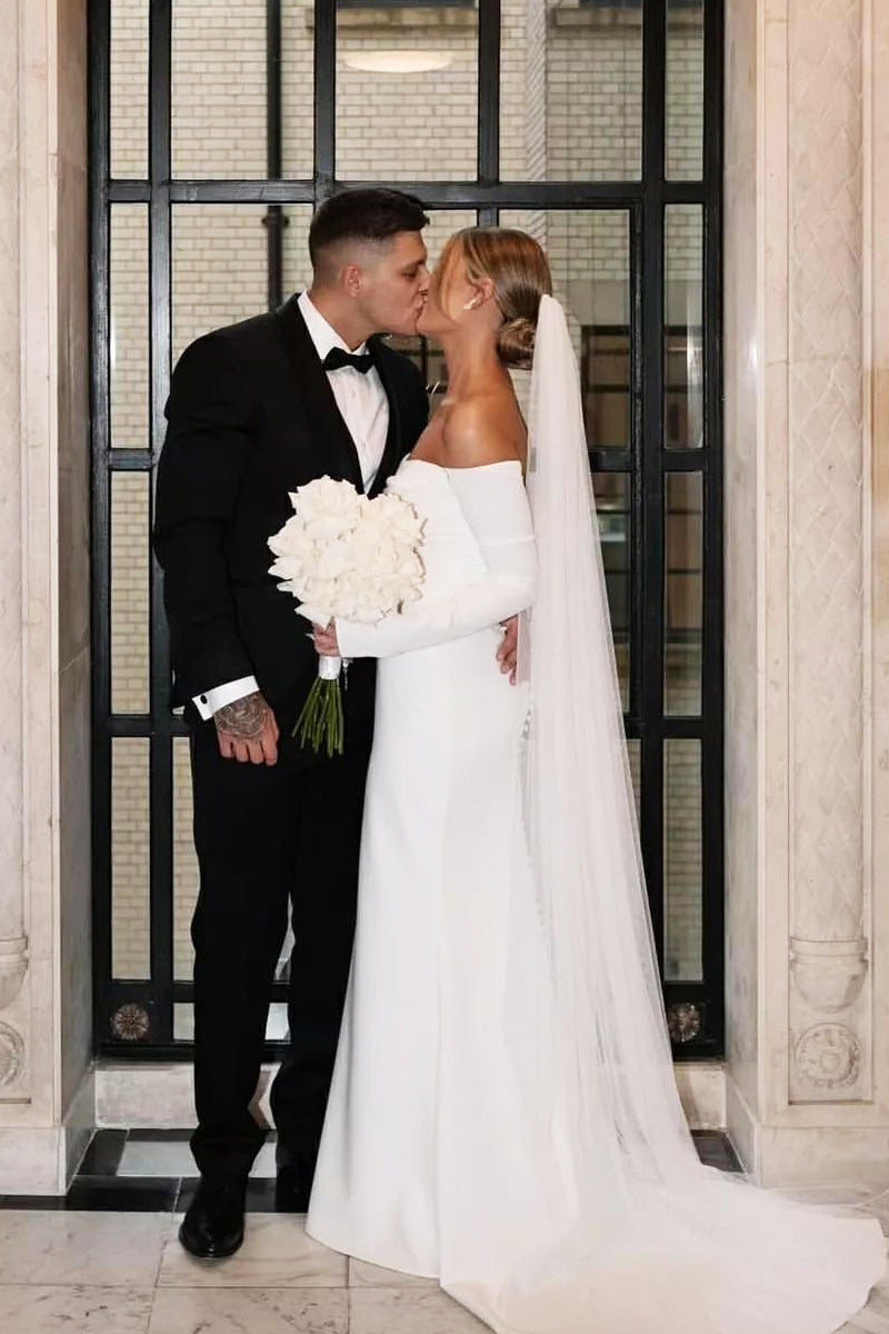 Charming Elegant Mermaid Strapless Elastic Satin Wedding Dresses/Gowns with Sleeves HS24101714