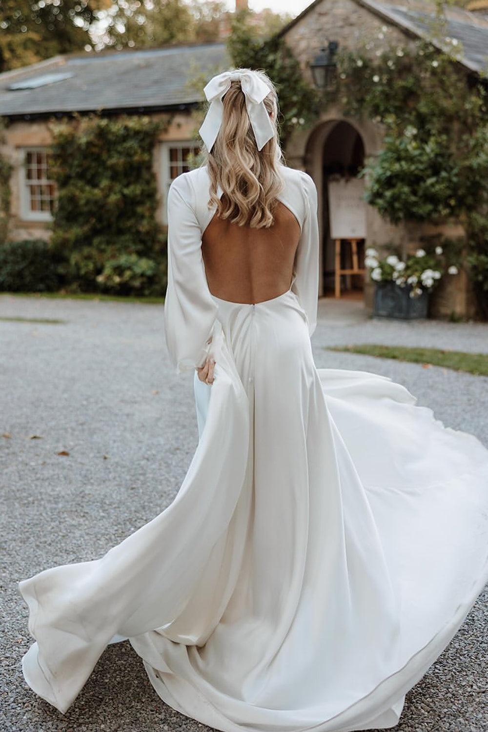 Dazzling A Line V Neck White Satin Wedding Dresses Gown with Ruffled Sleeves HS889