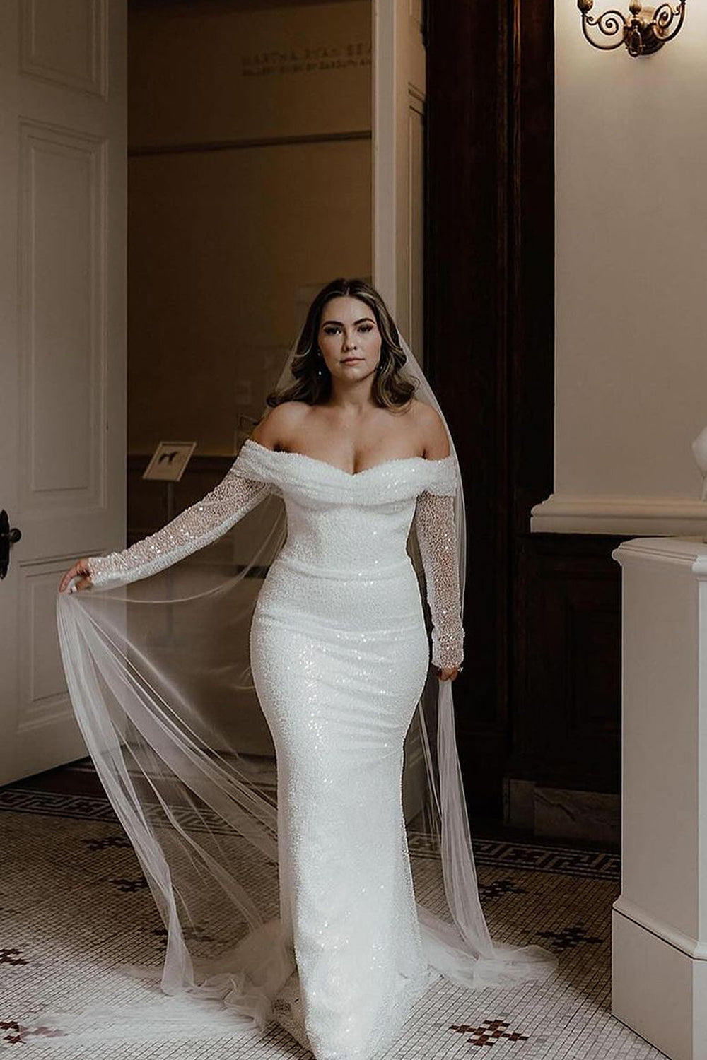 Dazzling Mermaid Off the Shoulder Sequins Lace Long Wedding Dresses Gown HS849