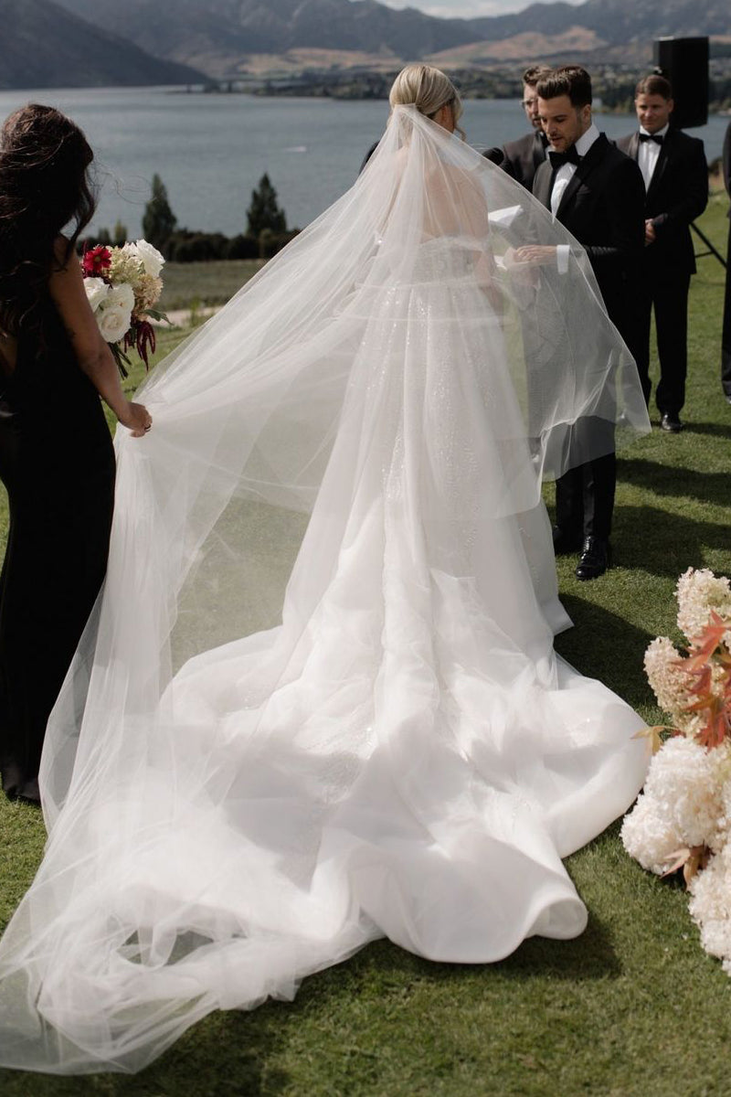 A-Line Off the Shoulder White Sequin Wedding Dresses Gown HS837