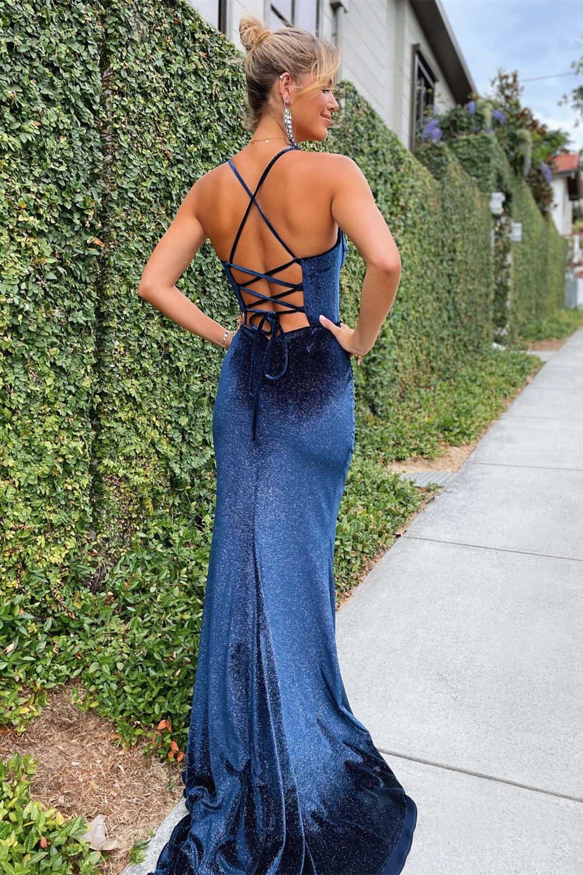Mermaid Navy Blue Velvet Long Prom Formal Prom Dress Gown with Slit