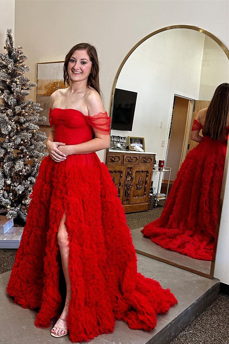 Fairy Ball Gown Off the Shoulder Pink Tiered Tulle Long Prom Dress Gown