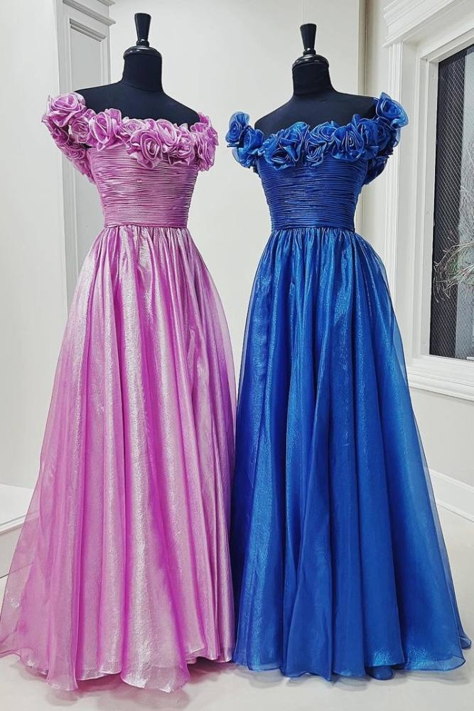Dazzling A Line Royal Blue Off Shoulder Satin Prom Dress Gown with Pockets