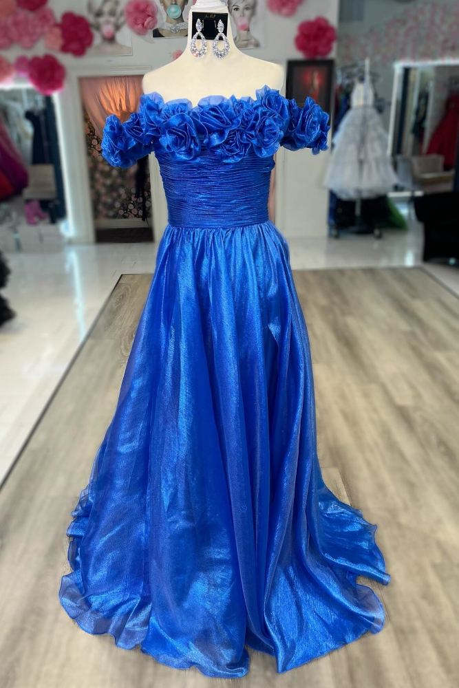 Dazzling A Line Royal Blue Off Shoulder Satin Prom Dress Gown with Pockets