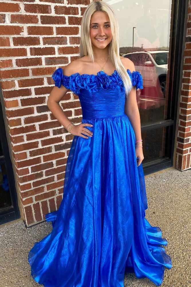 Dazzling A Line Royal Blue Off Shoulder Satin Prom Dress Gown with Pockets