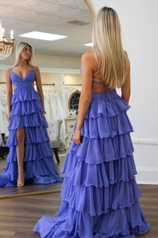 Fairy A Line V-Neck Ruffle Tiered Chiffon Prom Dress Gown with Slit
