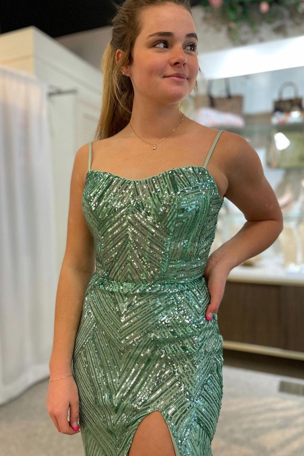 Conspicuous Mermaid Sage Green Sequins Mermaid Prom Dress Gown with Slit