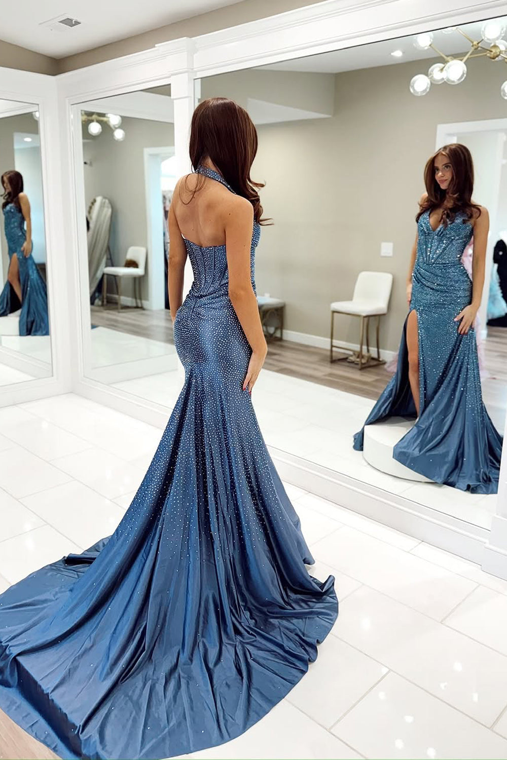 Mermaid Halter Navy Satin Beads Long Prom Dress Gown with Slit LF1409