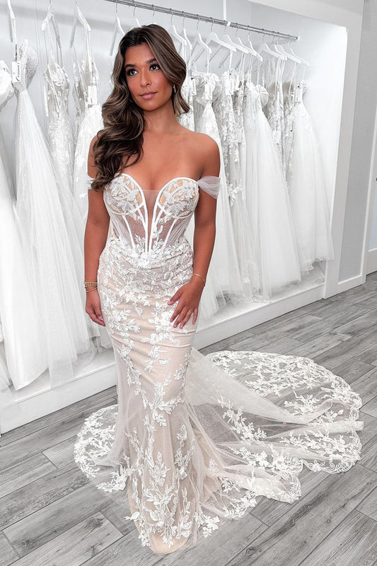 Graceful Mermaid Off the Shoulder Lace Wedding Dresses Gown with Appliques HS890