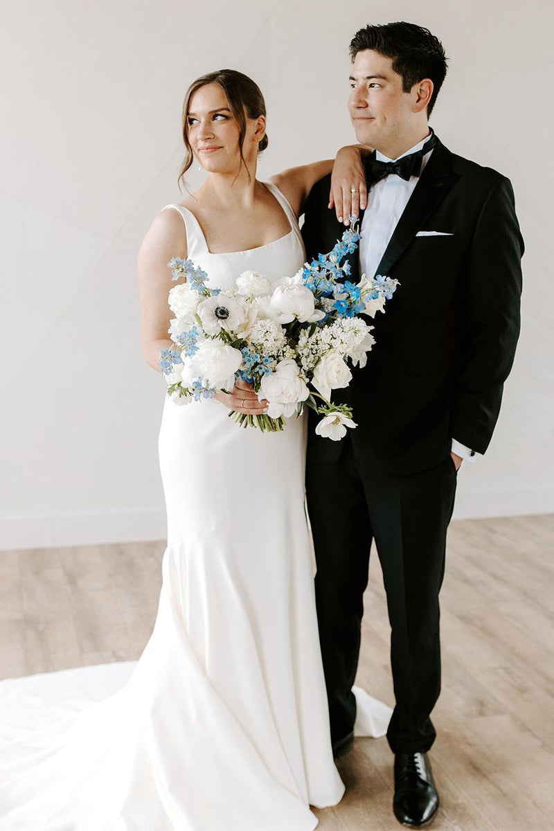 Graceful Mermaid Square Neck White Satin Wedding Dresses Gown HS696