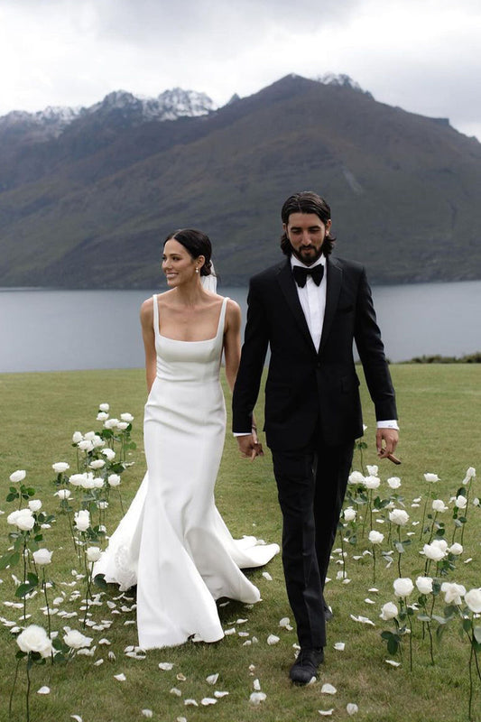 Glamorous Mermaid Squre Neck White Satin Wedding Dresses Gown with Train HS864