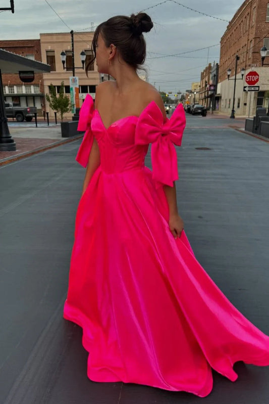 Fairy Ball Gown Off the Shoulder Pink Satin Prom Dress Gown with Bow LF1206