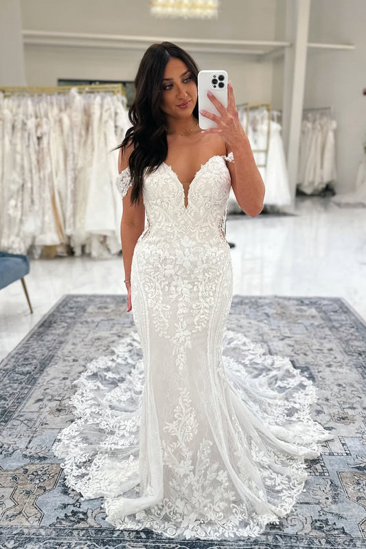 Bohemian Mermaid Off the Shoulder Lace Beach Wedding Dresses Gown HS840