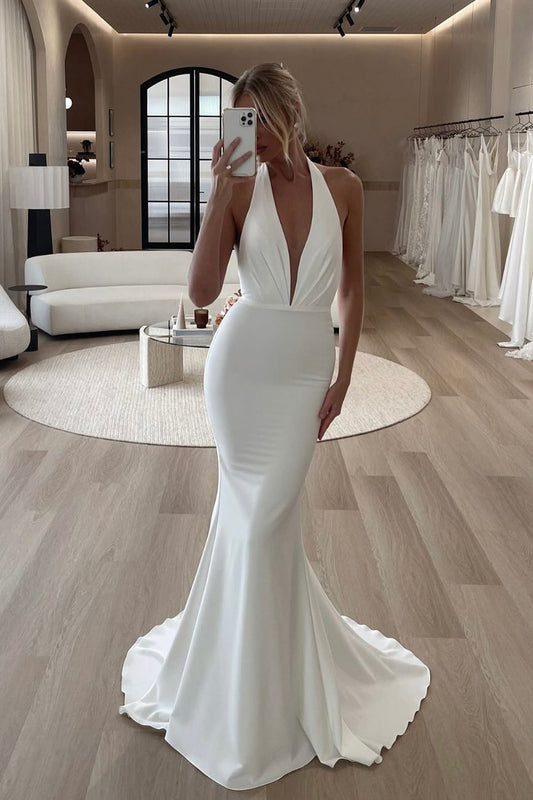 Graceful Mermaid V Neck Elastic Satin Long Wedding Dresses Gown HS803