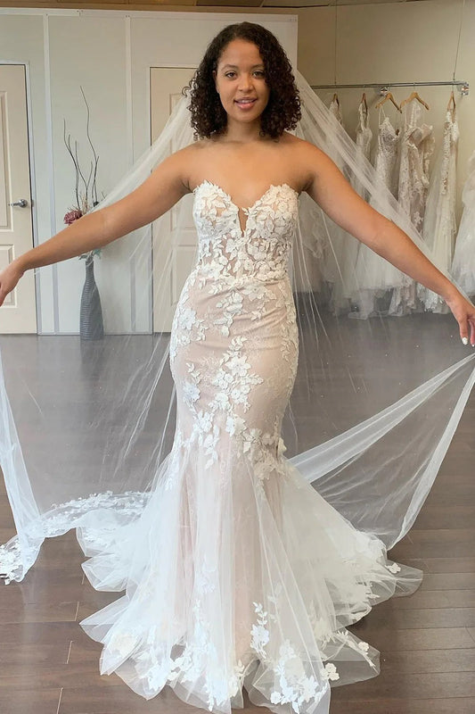 Pastoral Style Mermaid Sweetheart Lace Long Wedding Dresses Gown with Appliques HS886