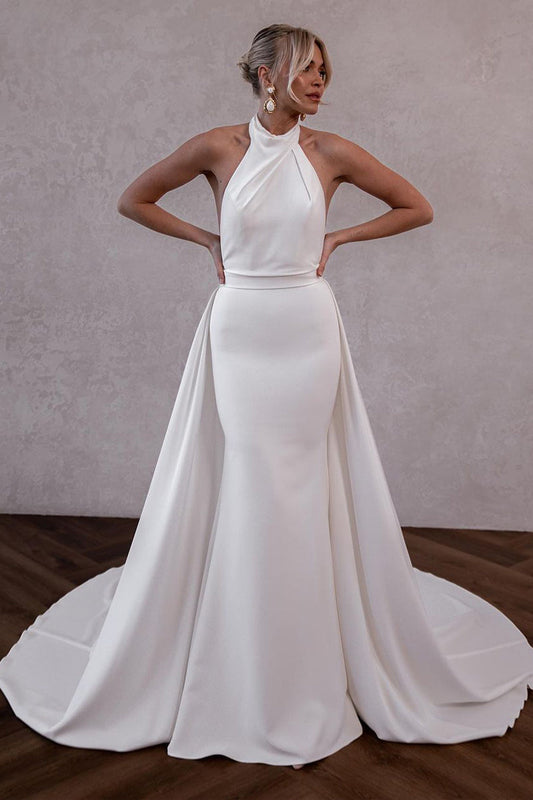 White Satin Halter Wedding Dresses/Gowns with Detachable Train HS23111105