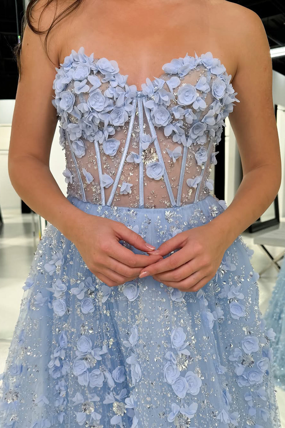 A-Line Strapless Light Blue Sequins Long Prom Dress Gown with 3D Flower Appliques LF1388