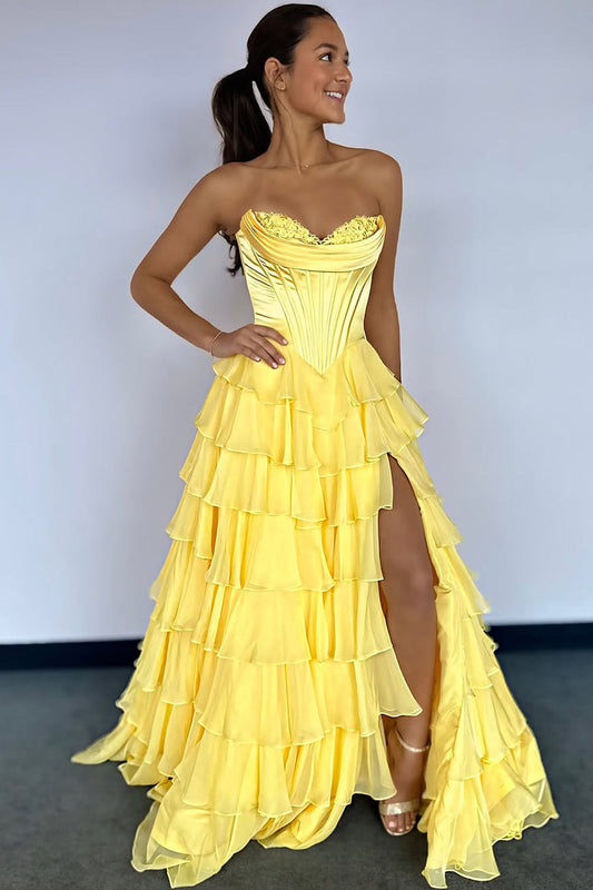 A-Line Strapless Ruffle Tiered Long Prom Dress Gown with Slit LF1374