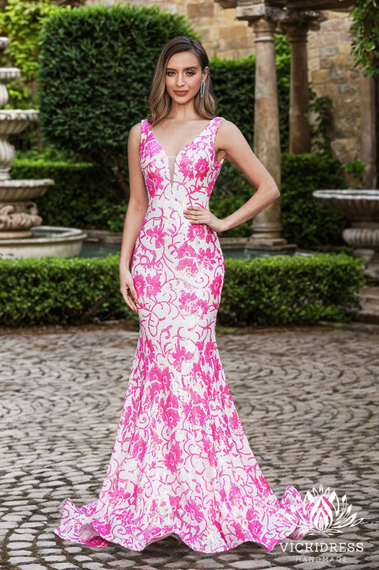 Mermaid V Neck Pink White Sequin Prom Dress Gown LF1265
