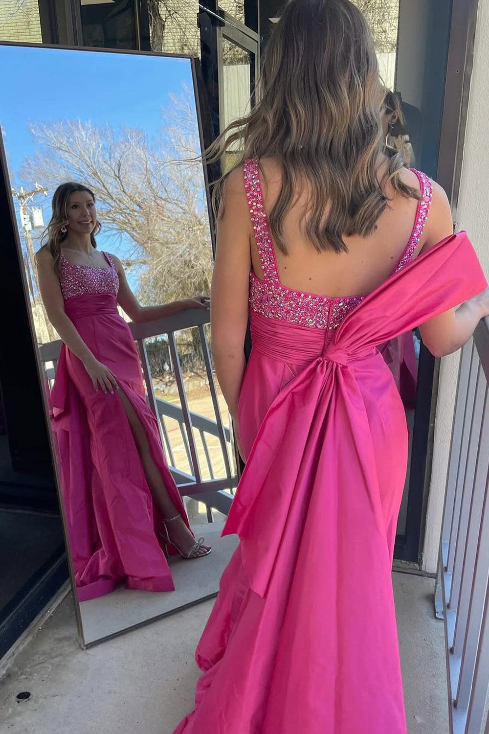 Mermaid Square Neck Fuchsia Satin Long Prom Dress Gown with Slit LF1187