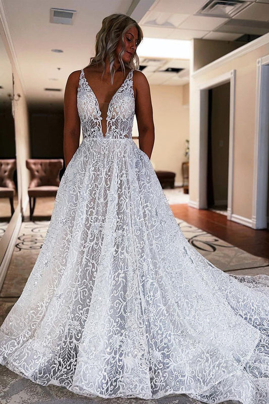 Ball Gown V Neck Lace Wedding Dresses Gown with Pockets HS778
