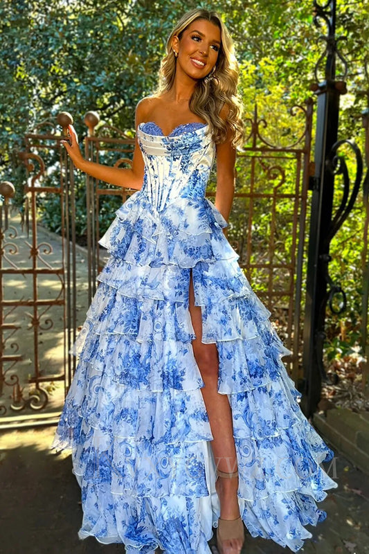 White Blue/Pink Flower Tiered Sweetheart Corset High Split Long Prom Dress LF001