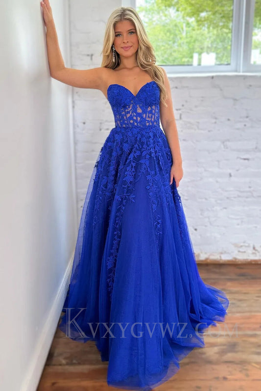 Elegant Dark Blue Sweetheart Long Corset Prom Dress With Appliques LF010