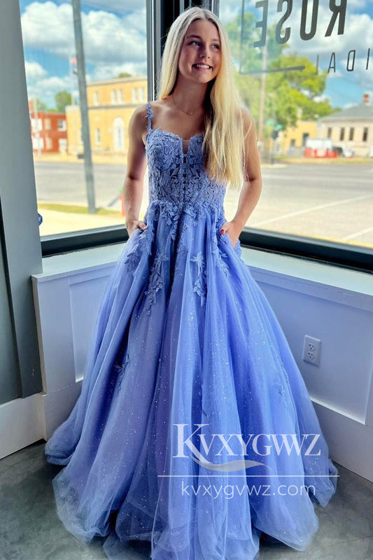 A-Line Sweetheart Lavender Evening Gown Tulle Appliques Long Prom Dress LF1000