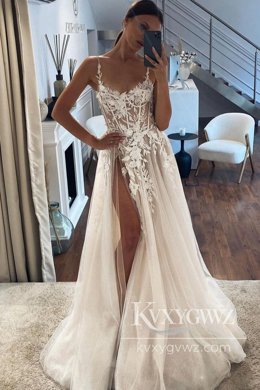 Modern A Line V Neck Tulle Long Wedding Dresses Gown with Appliques HS1000