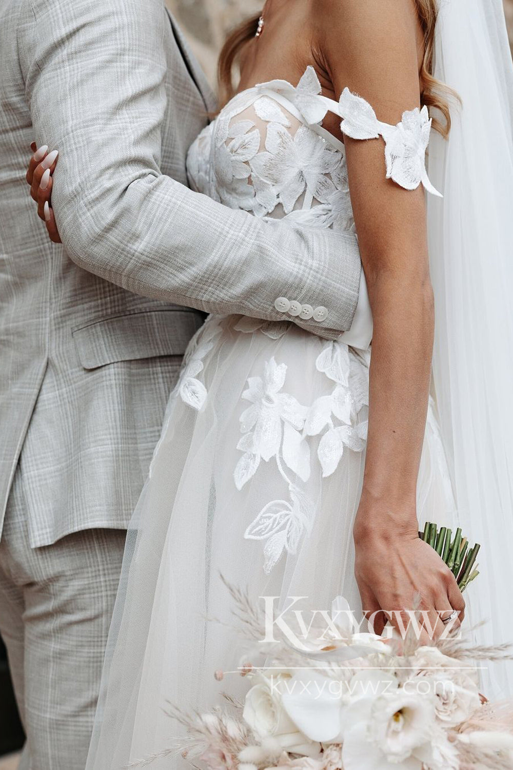 Enchanting A-Line Strapless Floral Print Ruffle Wedding Dress Gown with Slit HS1001